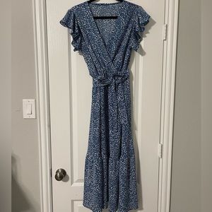 Blue and White Allover Print Surplice Front Belted Dress